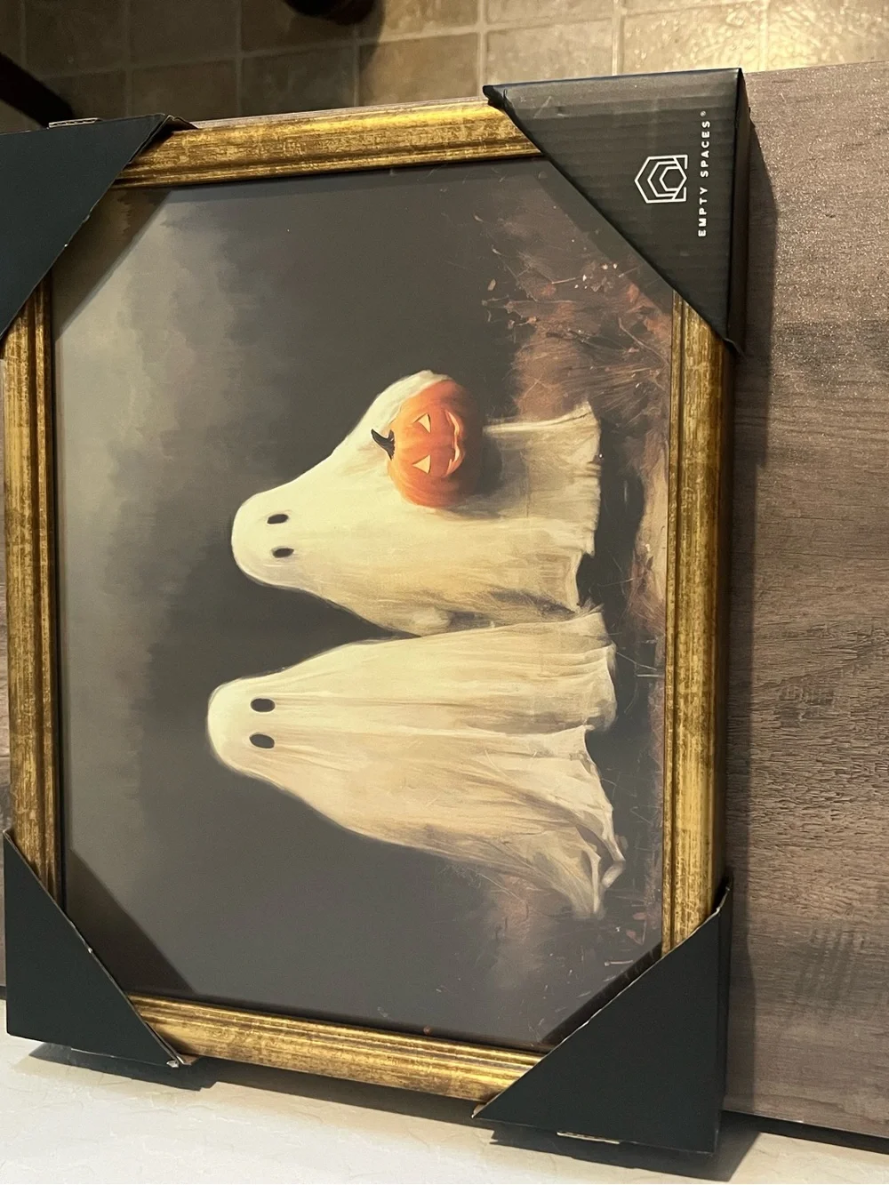 Haunted Ghosts Holding Pumpkin Halloween Print in Gold Frame -Empty Spaces